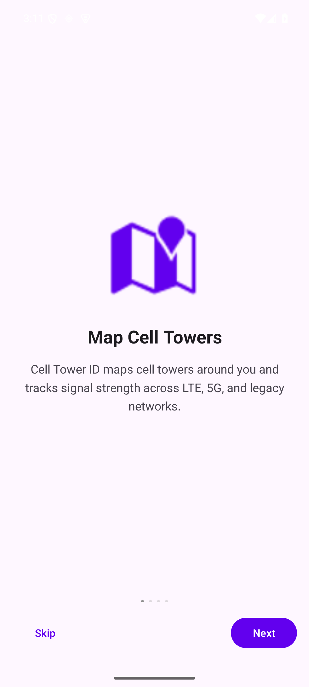 Cell Tower ID onboarding screen explaining cell tower mapping