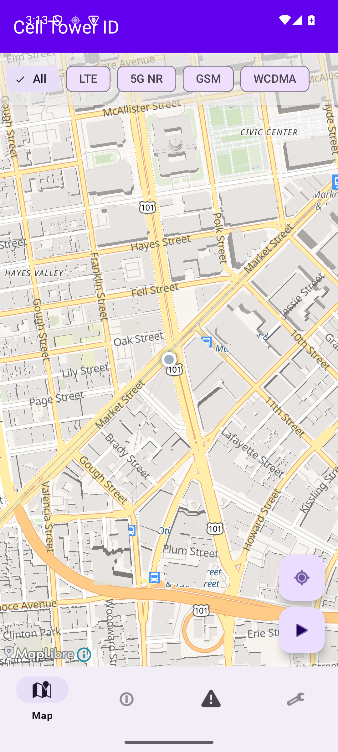 Cell Tower ID app showing a map of cell towers in San Francisco filtered by LTE, 5G NR, GSM and WCDMA