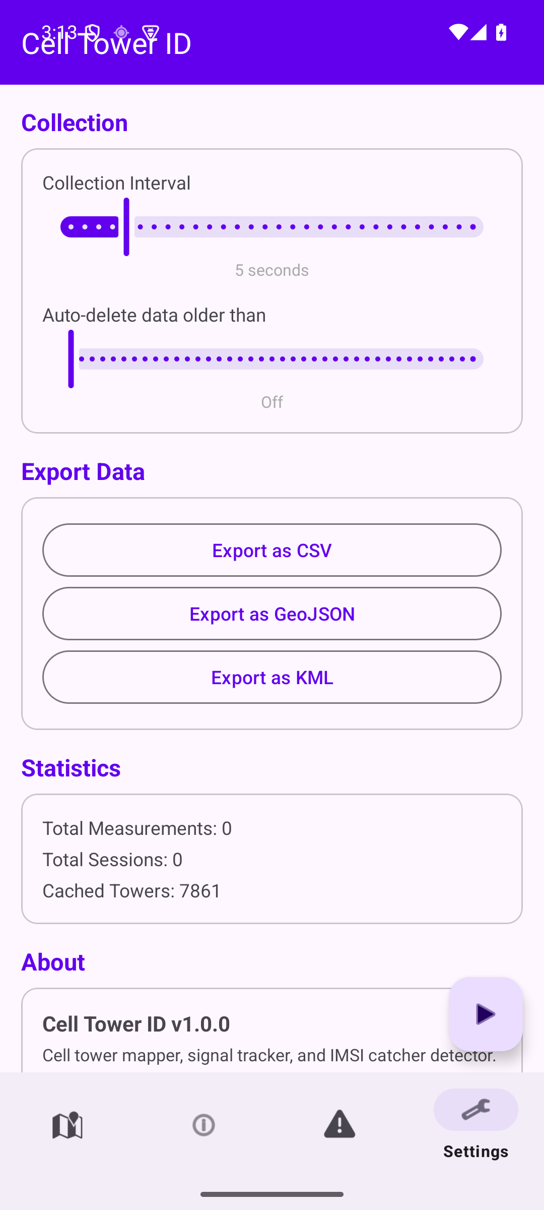 Settings showing collection interval, auto-delete, and CSV/GeoJSON/KML export options